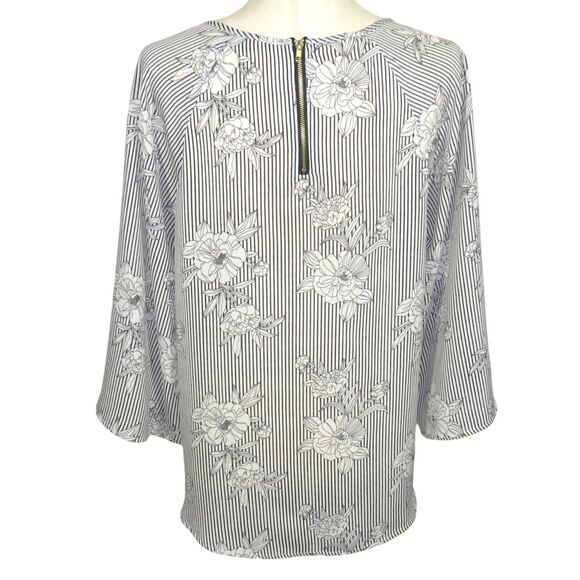 Papermoon Black White Floral Striped Flowy Georgette Back Zip Blouse Size Medium - Picture 2 of 6